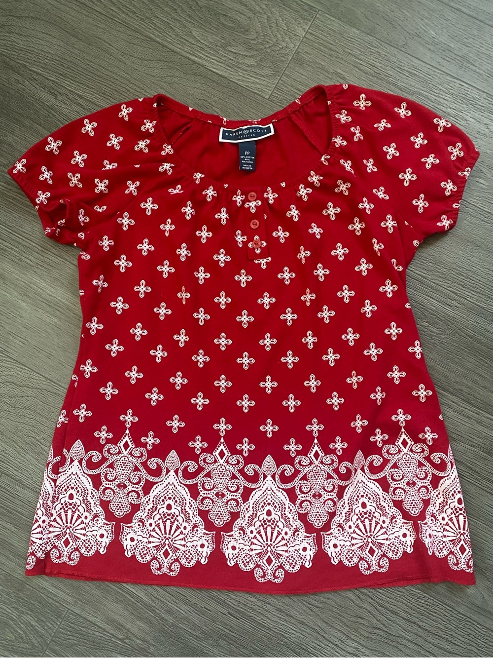 Karen Scott Red Bandana Geometric Print Border Hem Henley Top